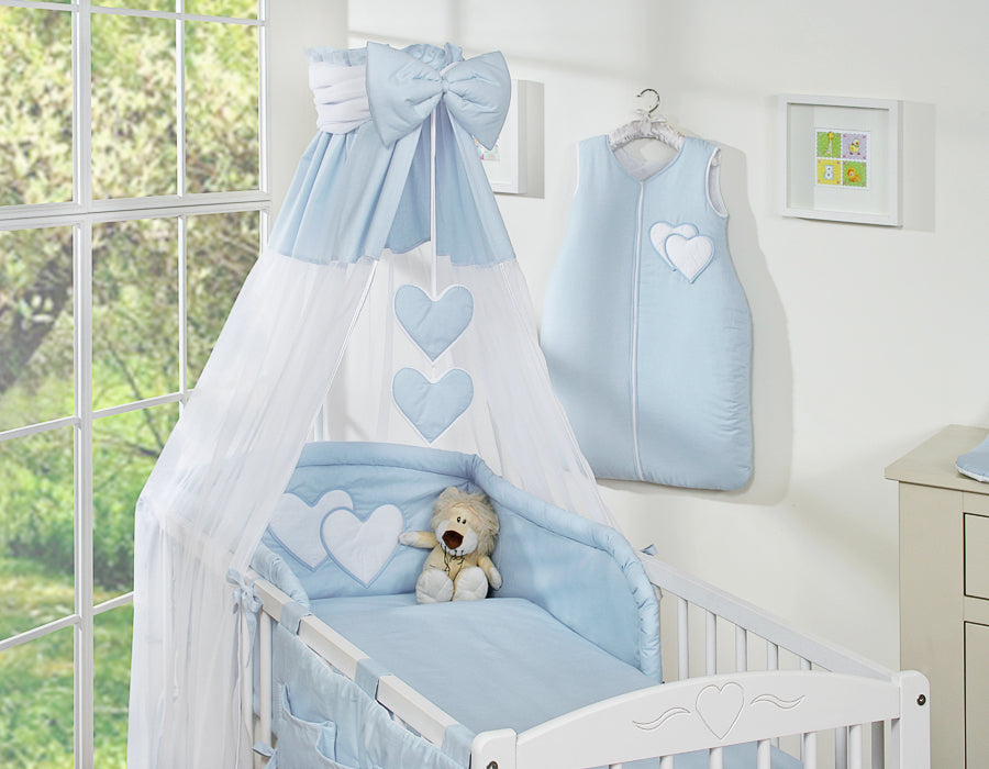Bedding set 5-pcs 135x100 with canopy - Hanging Hearts blue