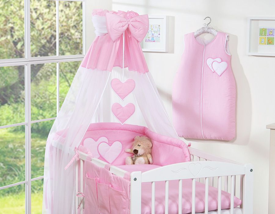 Bedding set 5-pcs 120x90 with canopy - Hanging Hearts pink