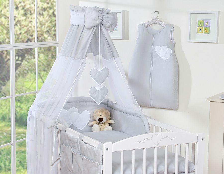 Bedding set 5-pcs 120x90 with canopy - Hanging Hearts grey