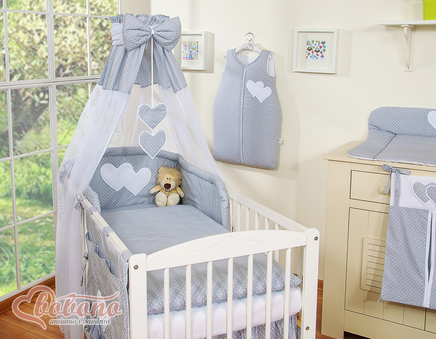 Bedding set 5-pcs 120x90 with canopy - Hanging Hearts white polka dots one grey