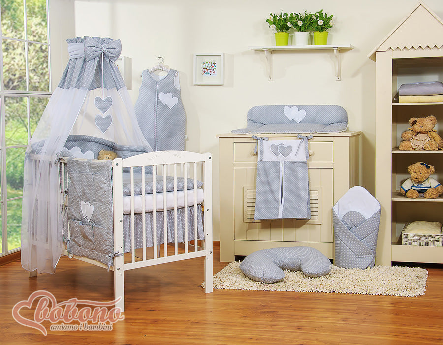 Bedding set 5-pcs 120x90 with canopy - Hanging Hearts white polka dots one grey