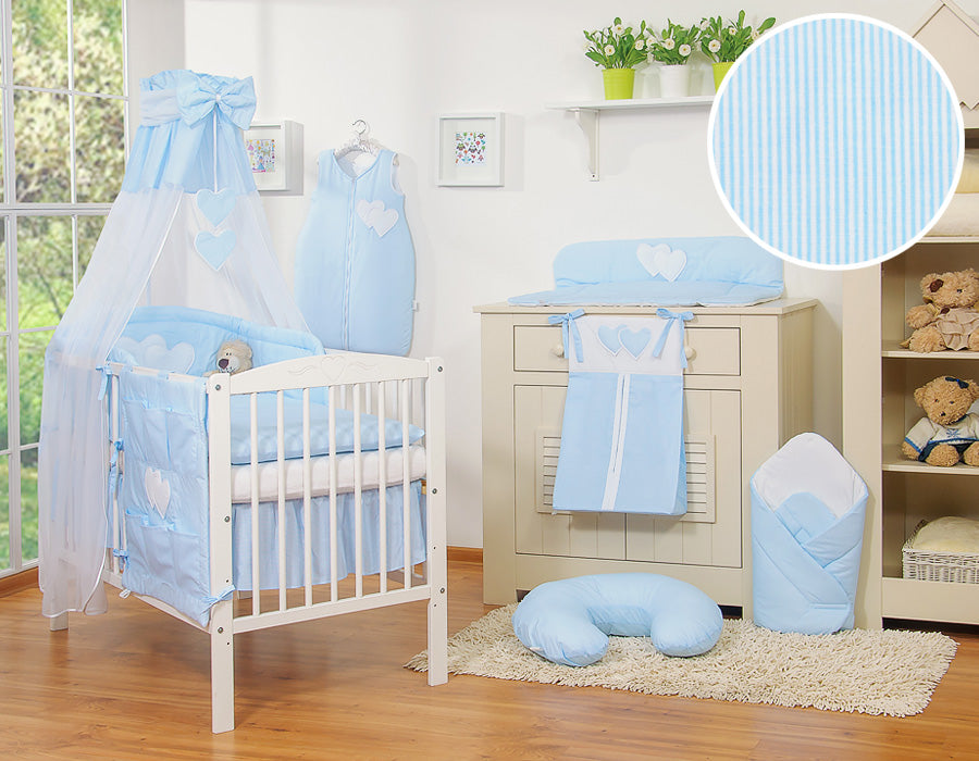 Bedding set 5-pcs 135x100 with canopy - Hanging Hearts blue strips