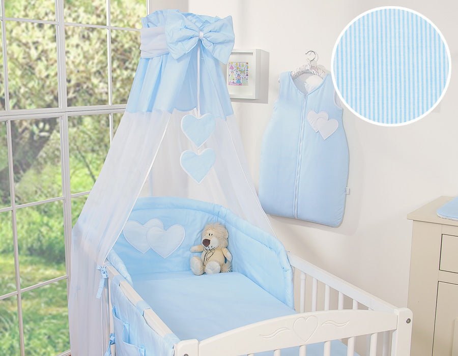 Bedding set 5-pcs 135x100 with canopy - Hanging Hearts blue strips