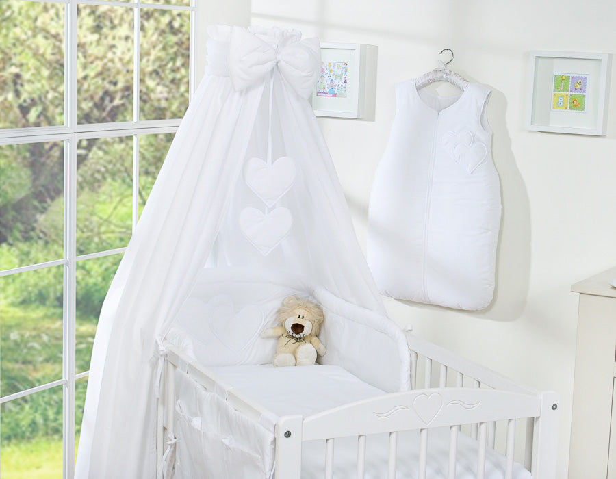 Bedding set 5-pcs 120x90 with canopy - Hanging Hearts white