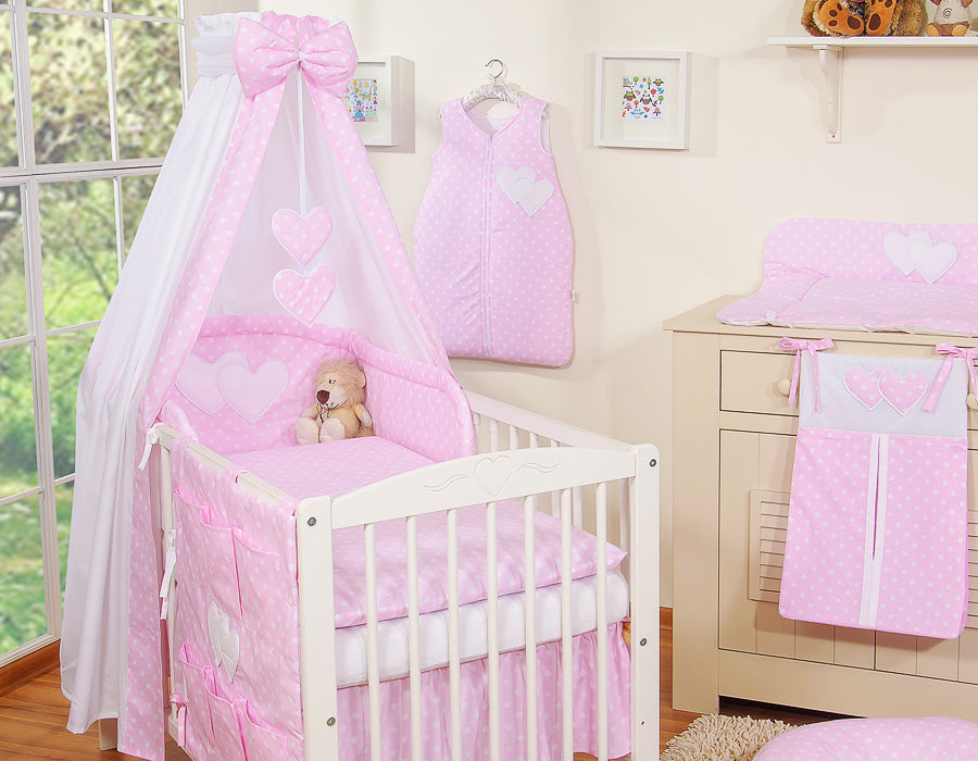 Bedding set 5-pcs 120x90 with canopy - Hanging Hearts white dots on pink