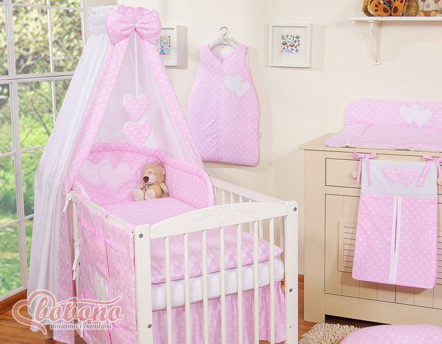 Bedding set 5-pcs 120x90 with canopy - Hanging Hearts white dots on pink