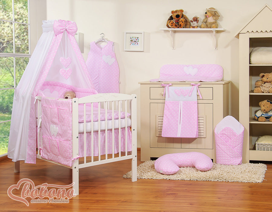 Bedding set 5-pcs 120x90 with canopy - Hanging Hearts white dots on pink
