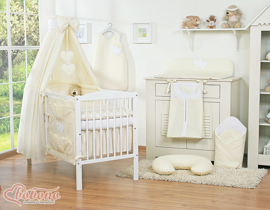 Bedding set 5-pcs 120x90 with canopy - Hanging Hearts cream
