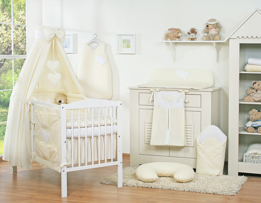 Bedding set 5-pcs 120x90 with canopy - Hanging Hearts cream