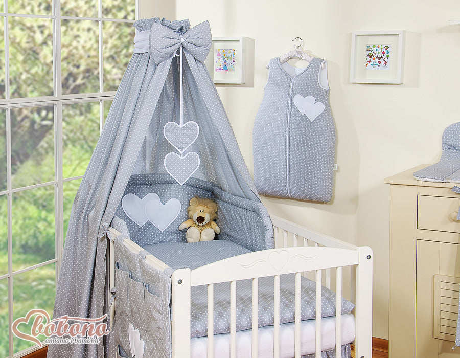 Bedding set 5-pcs 120x90 with canopy - Hanging Hearts white polka dots one grey