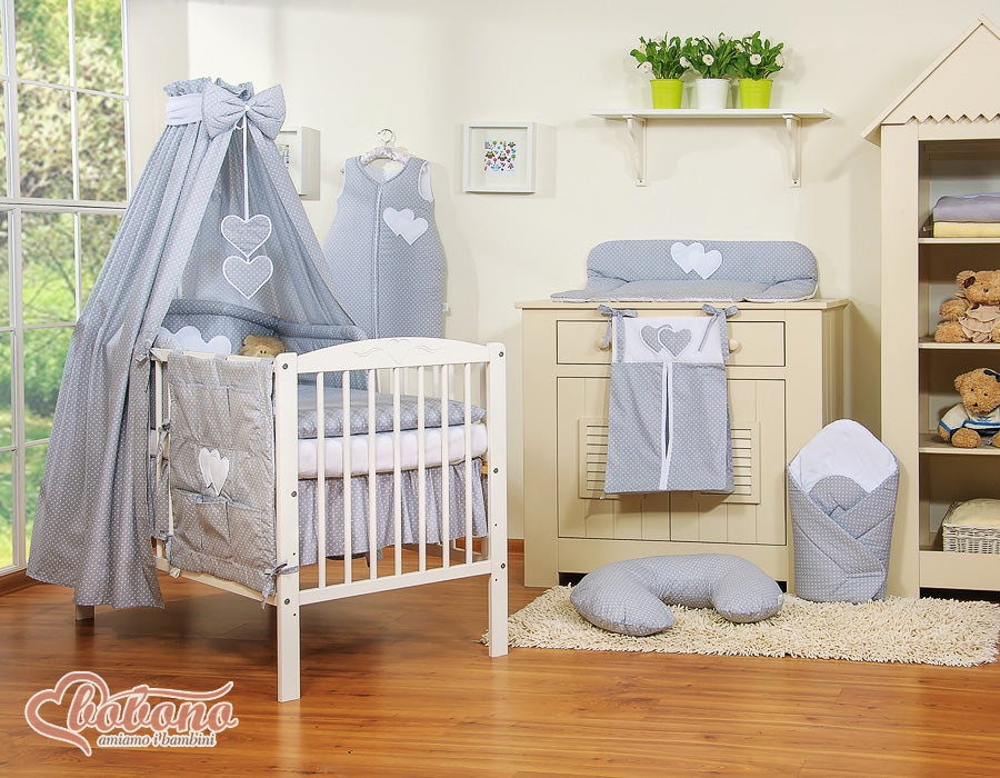 Bedding set 5-pcs 120x90 with canopy - Hanging Hearts white polka dots one grey