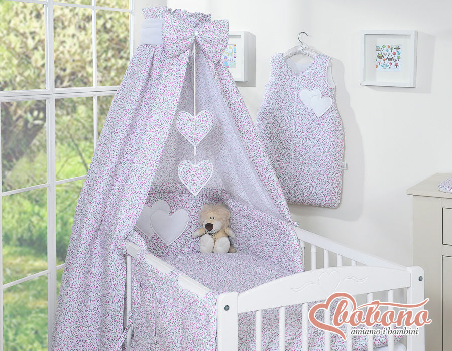 Bedding set 5-pcs 120x90 with canopy - Hanging Hearts little pink flowers