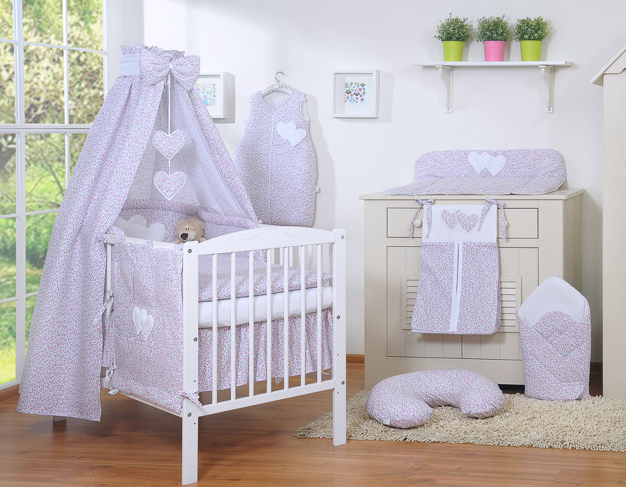 Bedding set 5-pcs 120x90 with canopy - Hanging Hearts little pink flowers