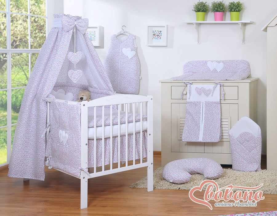 Bedding set 5-pcs 135x100 with canopy - Hanging Hearts little pink flowers