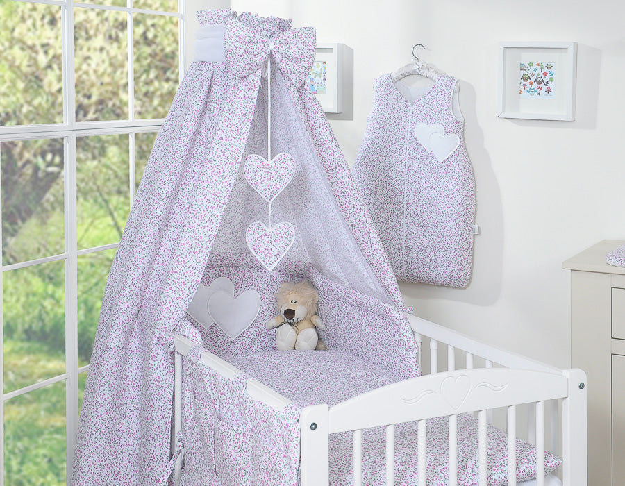 Bedding set 5-pcs 120x90 with canopy - Hanging Hearts little pink flowers