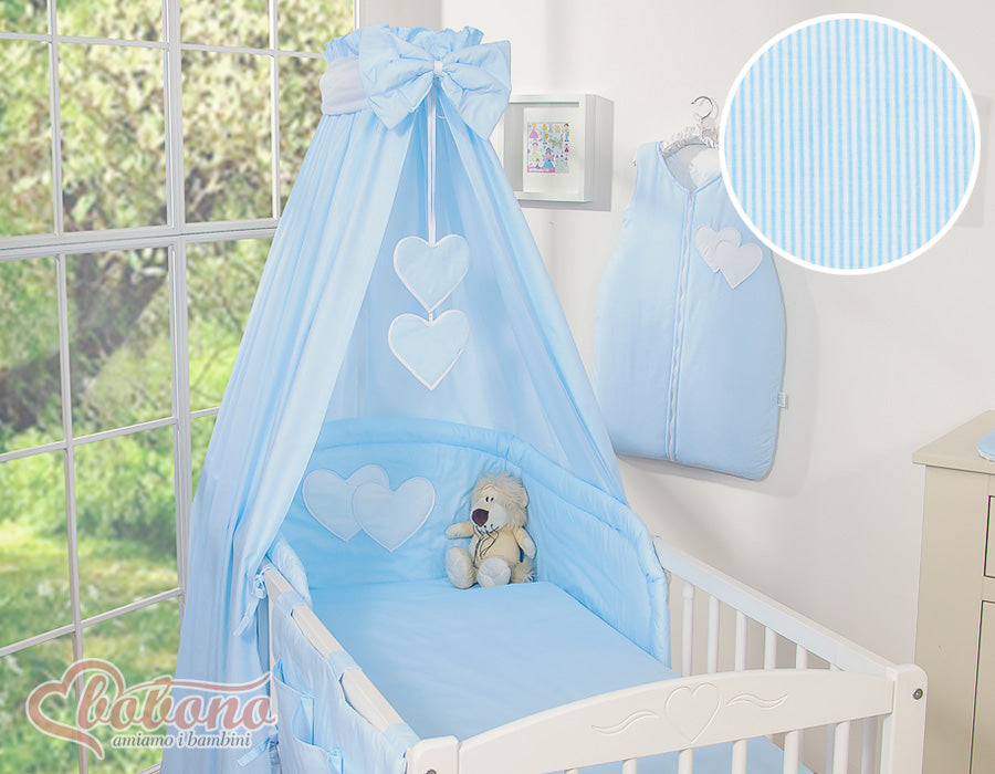 Bedding set 5-pcs 135x100 with canopy - Hanging Hearts blue strips