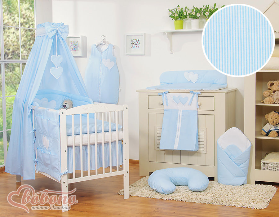 Bedding set 5-pcs 135x100 with canopy - Hanging Hearts blue strips
