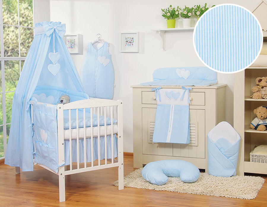 Bedding set 5-pcs 135x100 with canopy - Hanging Hearts blue strips