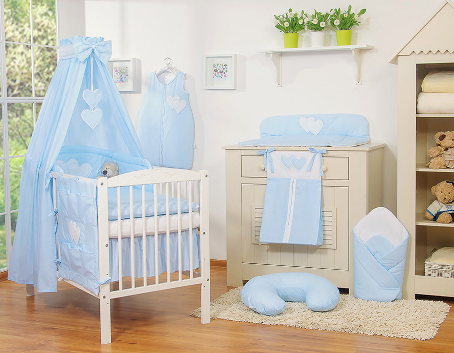 Bedding set 5-pcs 135x100 with canopy - Hanging Hearts blue strips