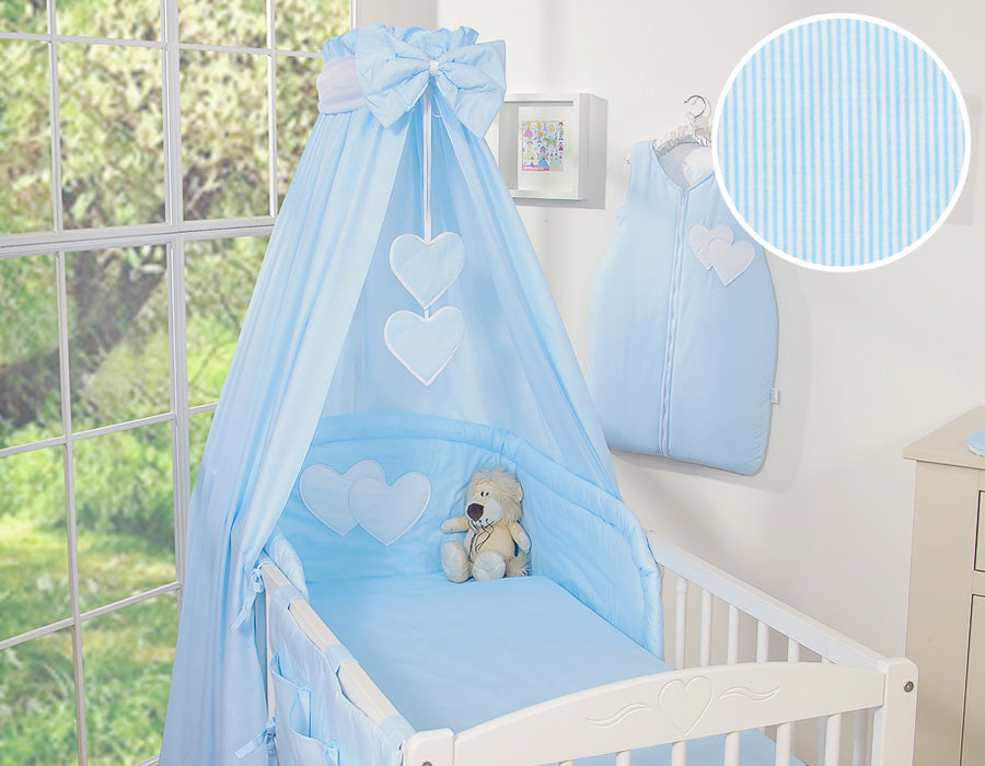 Bedding set 5-pcs 135x100 with canopy - Hanging Hearts blue strips