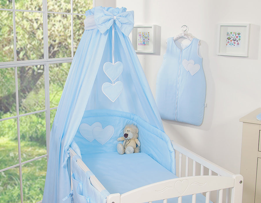 Bedding set 5-pcs 135x100 with canopy - Hanging Hearts blue strips