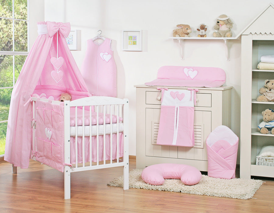 Bedding set 5-pcs 135x100 with canopy - Hanging Hearts pink
