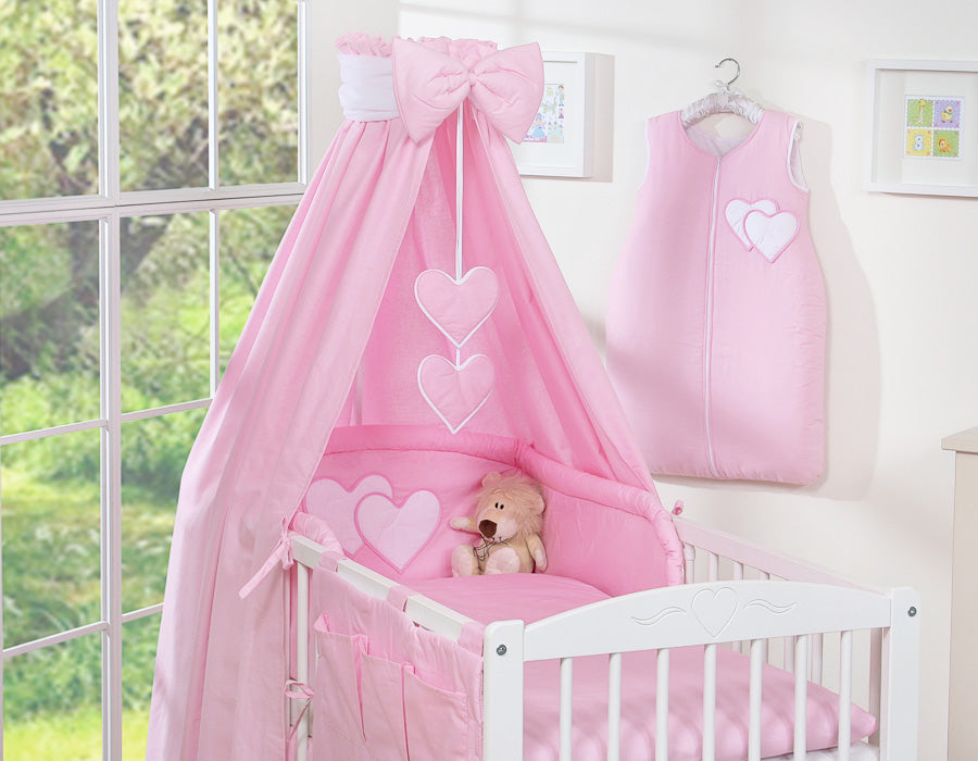 Bedding set 5-pcs 120x90 with canopy - Hanging Hearts pink