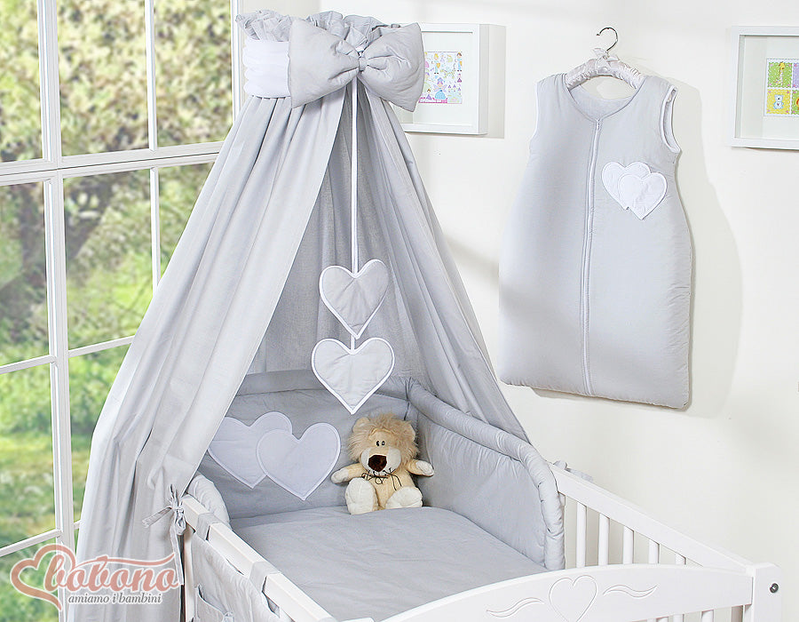Bedding set 5-pcs 120x90 with canopy - Hanging Hearts grey