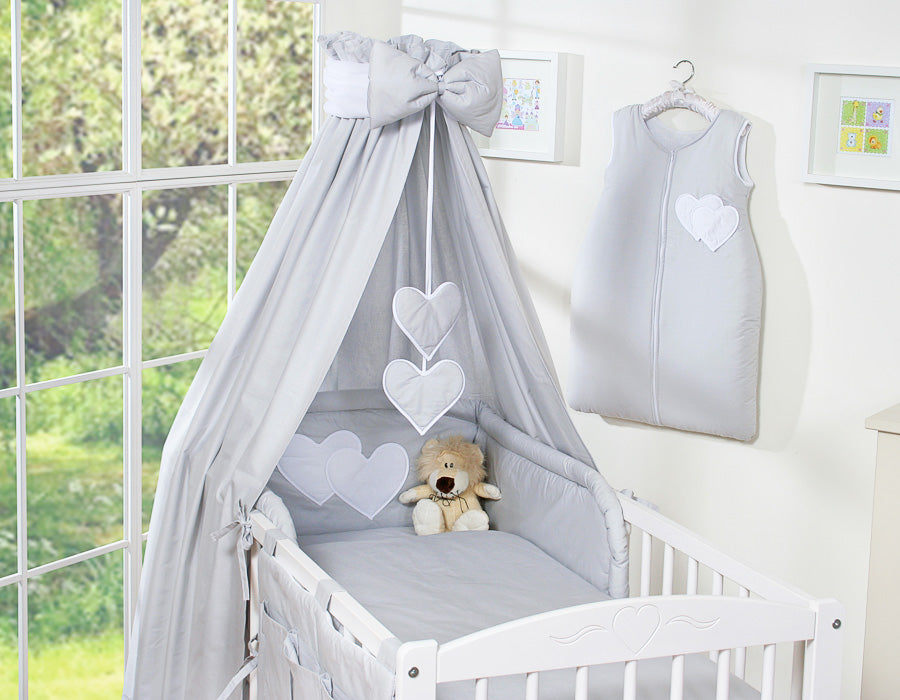 Bedding set 5-pcs 120x90 with canopy - Hanging Hearts grey