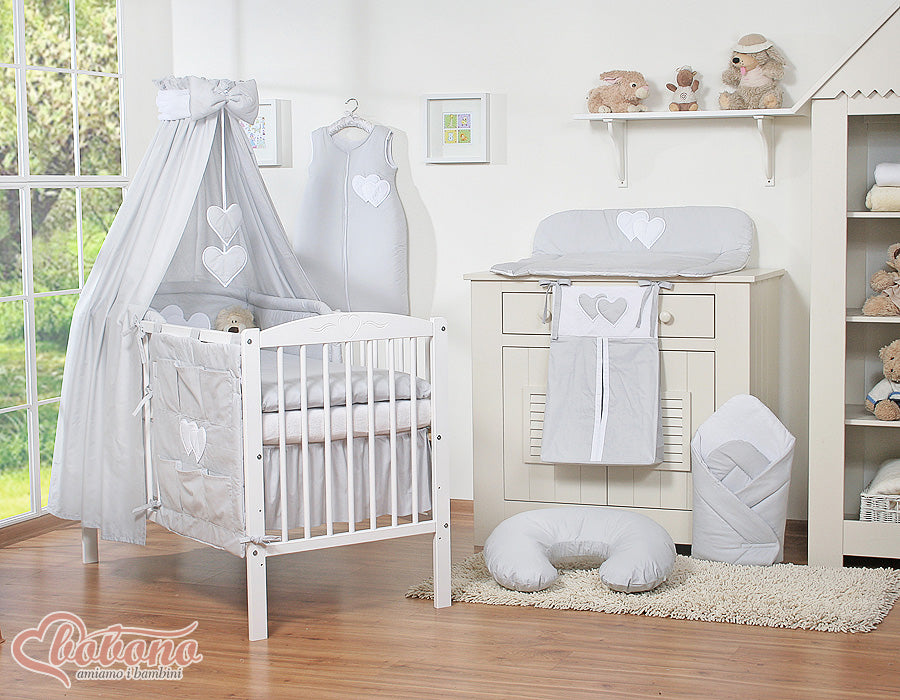 Bedding set 5-pcs 120x90 with canopy - Hanging Hearts grey