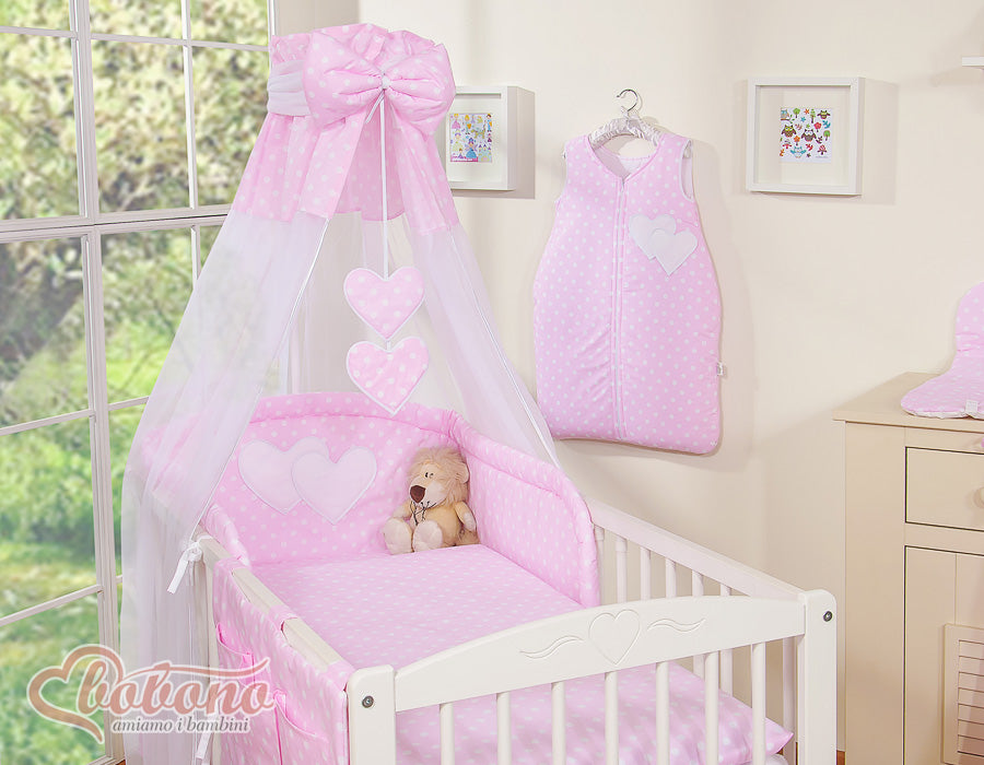 Bedding set 5-pcs 120x90 with canopy - Hanging Hearts white dots on pink