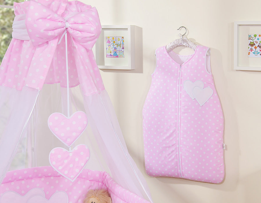 Bedding set 5-pcs 120x90 with canopy - Hanging Hearts white dots on pink