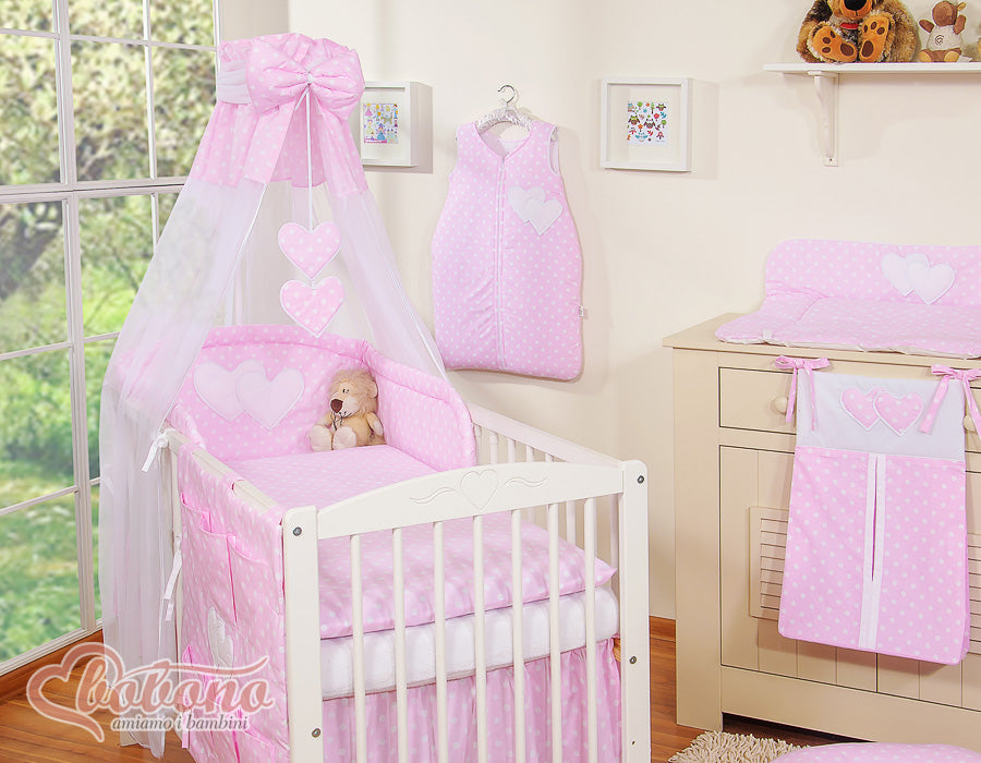 Bedding set 5-pcs 120x90 with canopy - Hanging Hearts white dots on pink