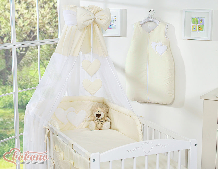 Bedding set 5-pcs 120x90 with canopy - Hanging Hearts cream