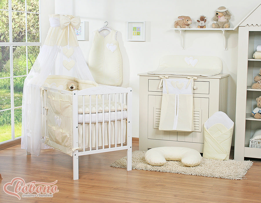 Bedding set 5-pcs 120x90 with canopy - Hanging Hearts cream