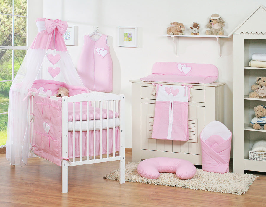 Bedding set 5-pcs 120x90 with canopy - Hanging Hearts pink