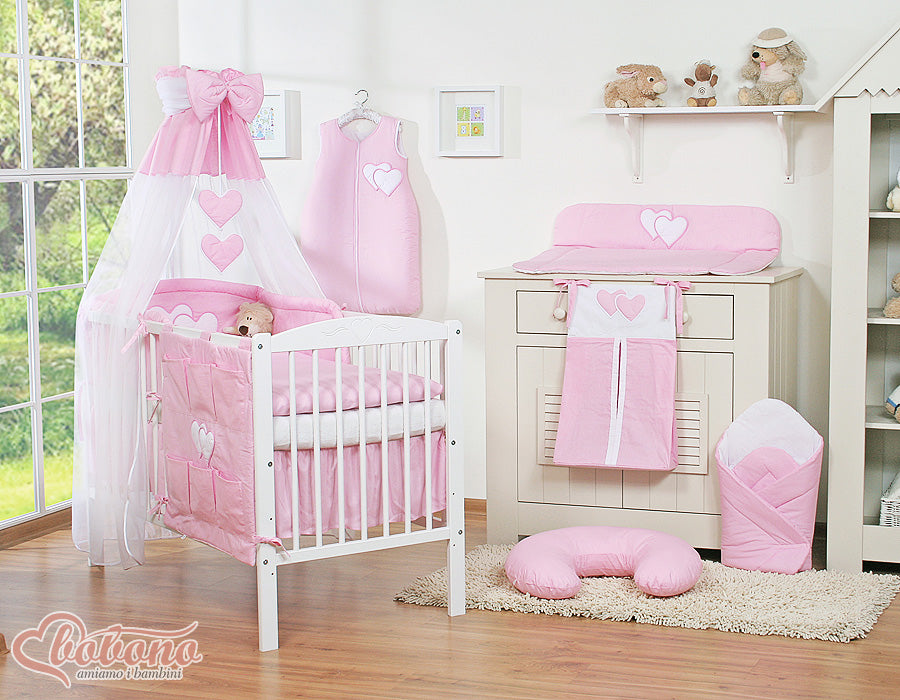 Bedding set 5-pcs 120x90 with canopy - Hanging Hearts pink