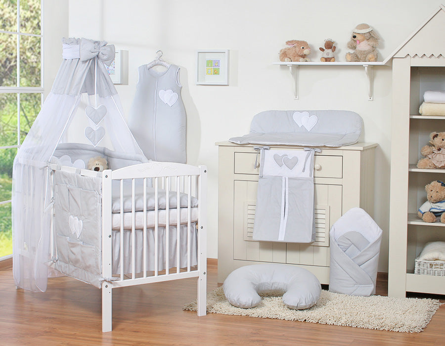 Bedding set 5-pcs 120x90 with canopy - Hanging Hearts grey