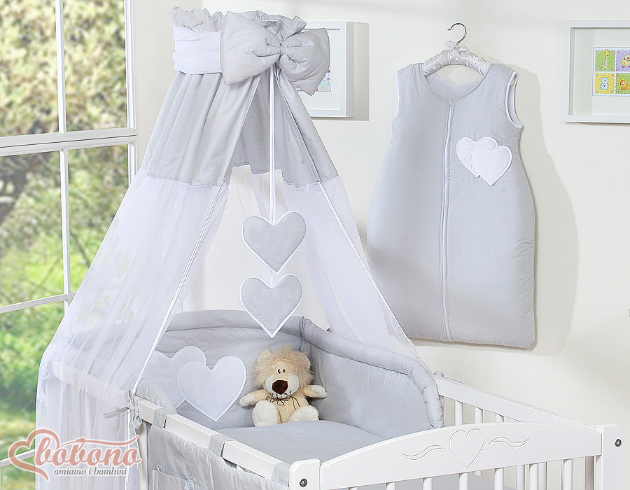 Bedding set 5-pcs 120x90 with canopy - Hanging Hearts grey