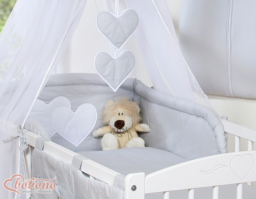 Bedding set 5-pcs 120x90 with canopy - Hanging Hearts grey