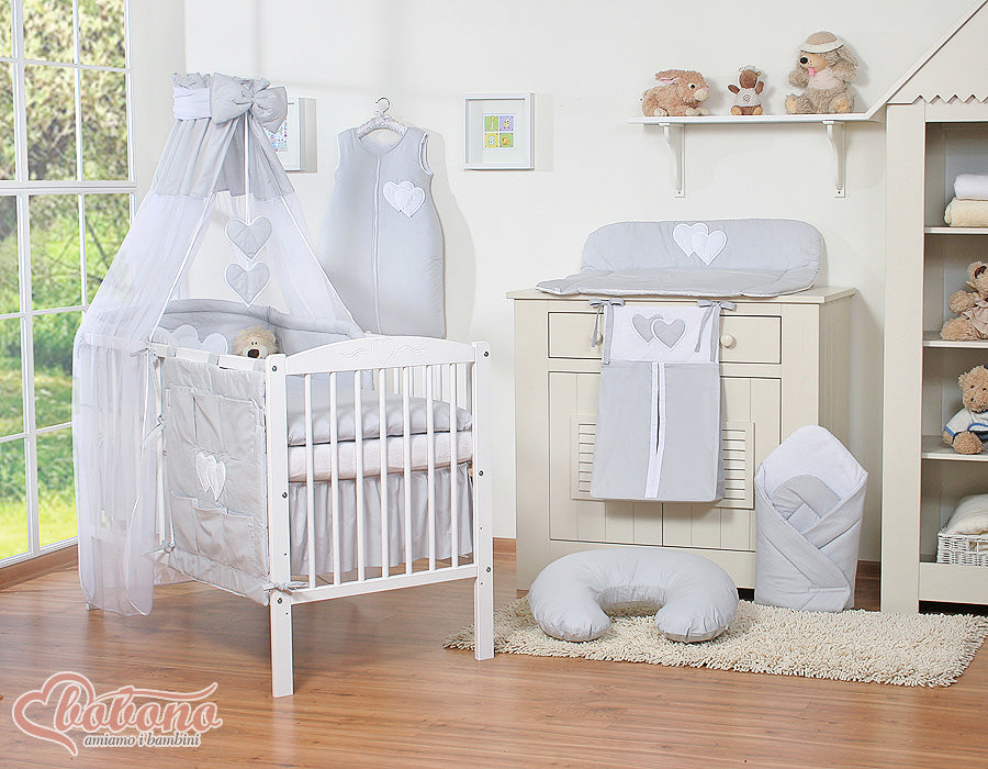 Bedding set 5-pcs 120x90 with canopy - Hanging Hearts grey