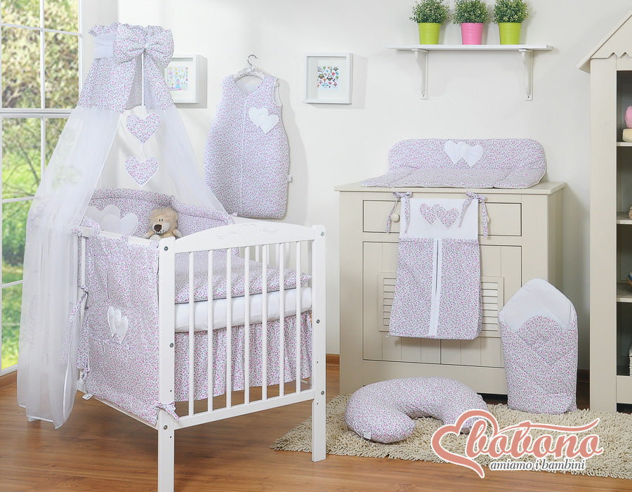 Bedding set 5-pcs 120x90 with canopy - Hanging Hearts little pink flowers