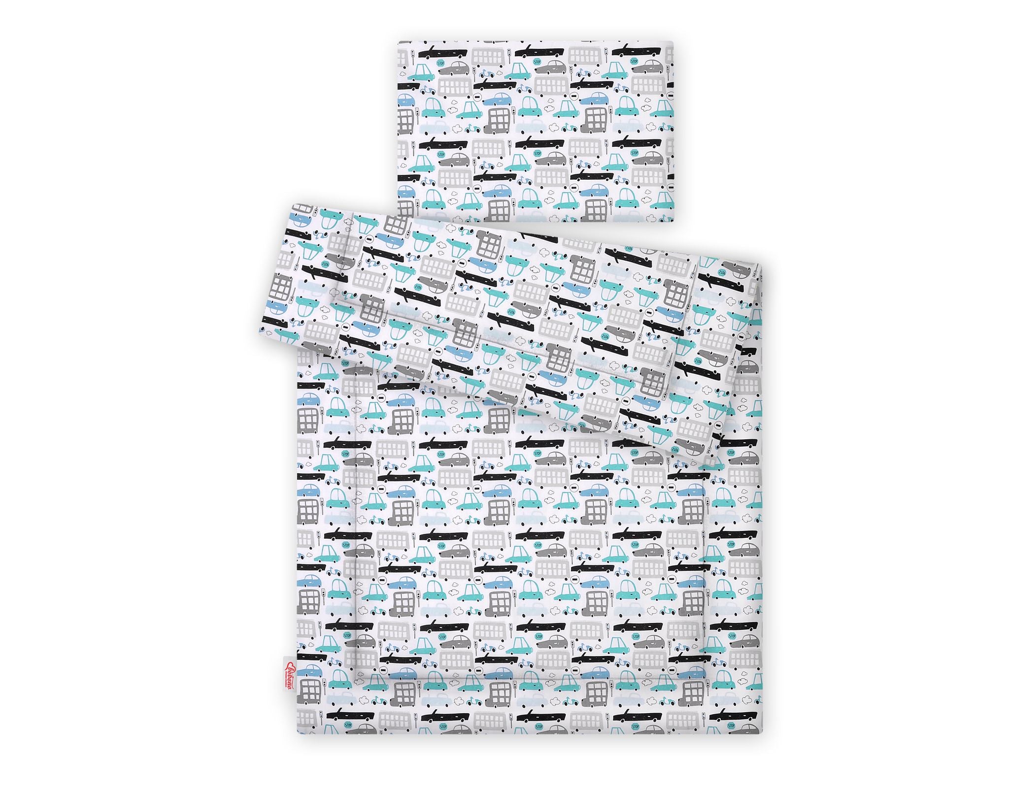 Bedding set 2-pcs with filling - gray and turquoise cars