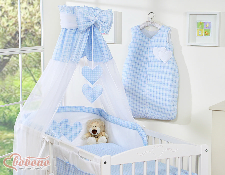 Bedding set 5-pcs 120x90 with canopy - Hanging Hearts blue checkered