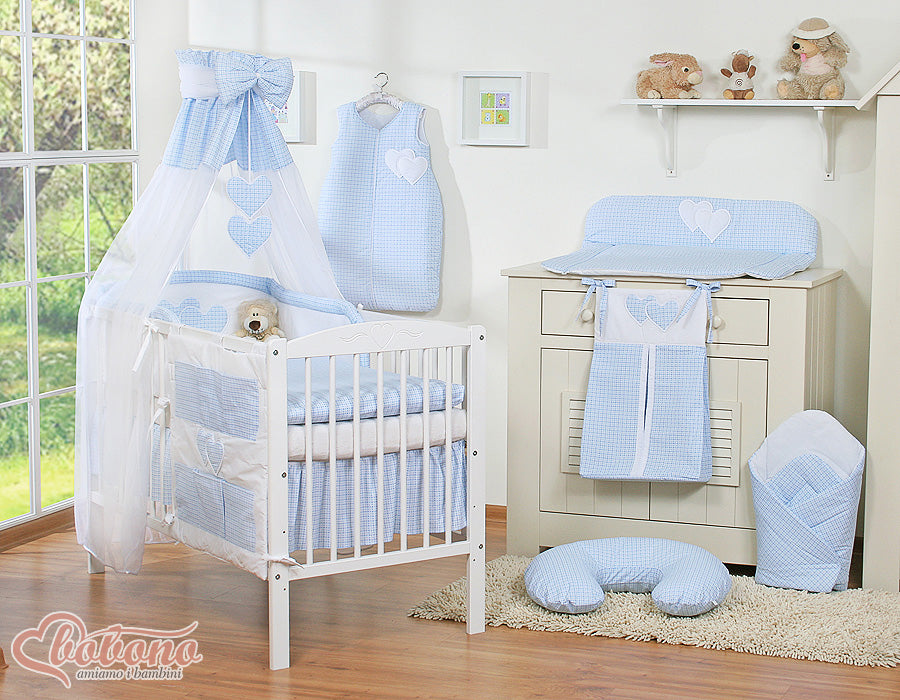 Bedding set 5-pcs 120x90 with canopy - Hanging Hearts blue checkered