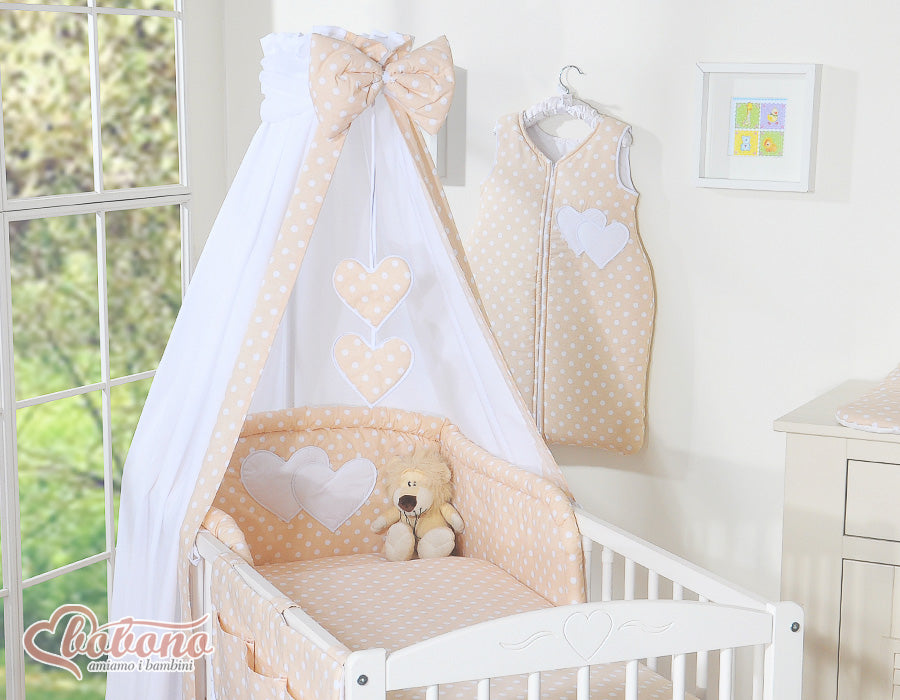 Bedding set 5-pcs 120x90 with canopy - Hanging Hearts white dots on beige