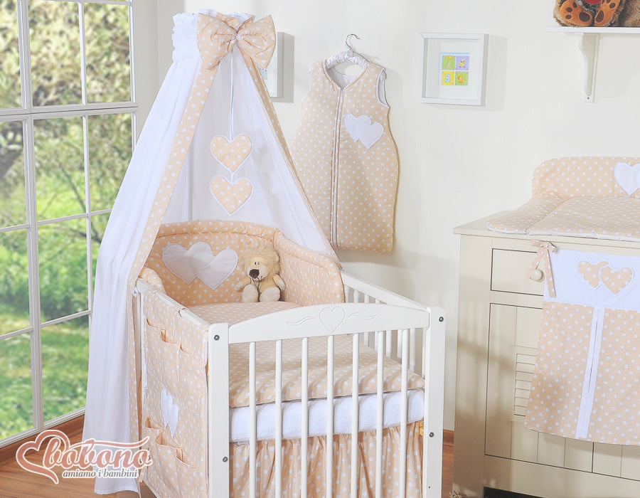 Bedding set 5-pcs 120x90 with canopy - Hanging Hearts white dots on beige