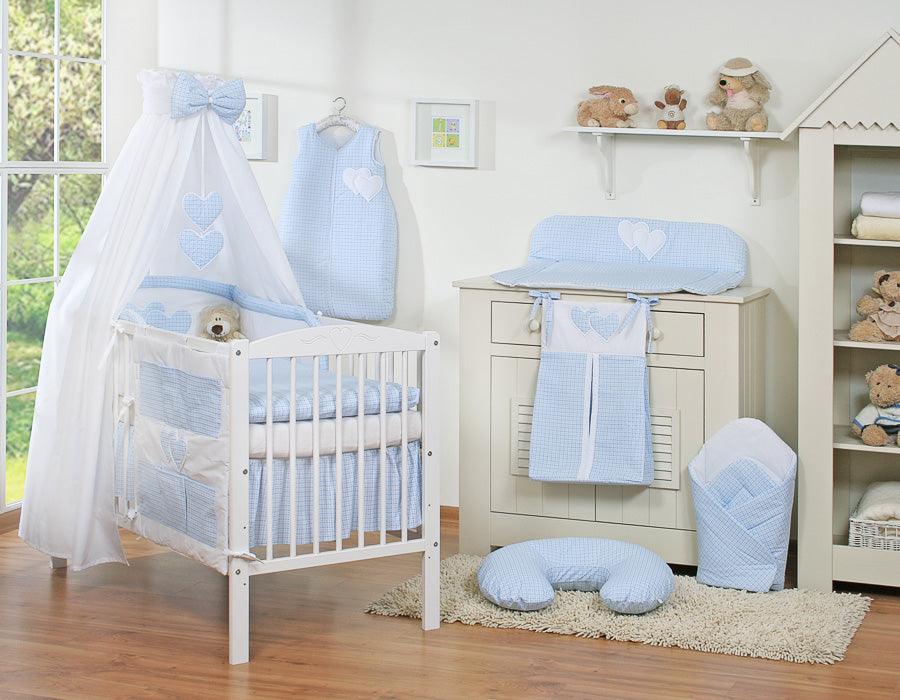 Bedding set 5-pcs 120x90 with canopy - Hanging Hearts blue checkered