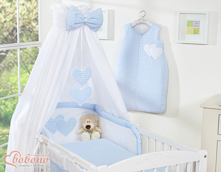 Bedding set 5-pcs 120x90 with canopy - Hanging Hearts blue checkered