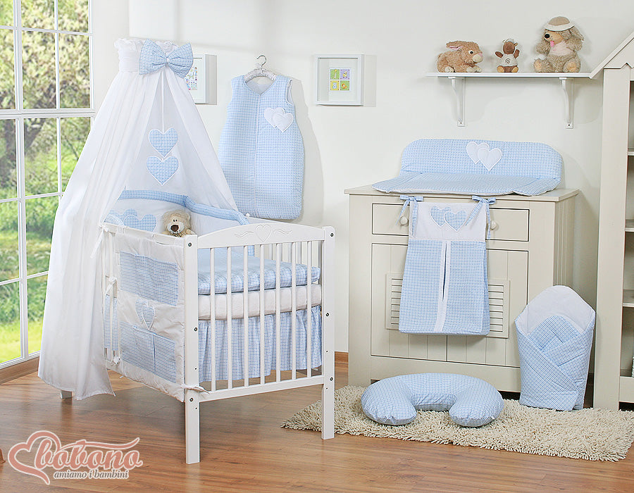 Bedding set 5-pcs 120x90 with canopy - Hanging Hearts blue checkered